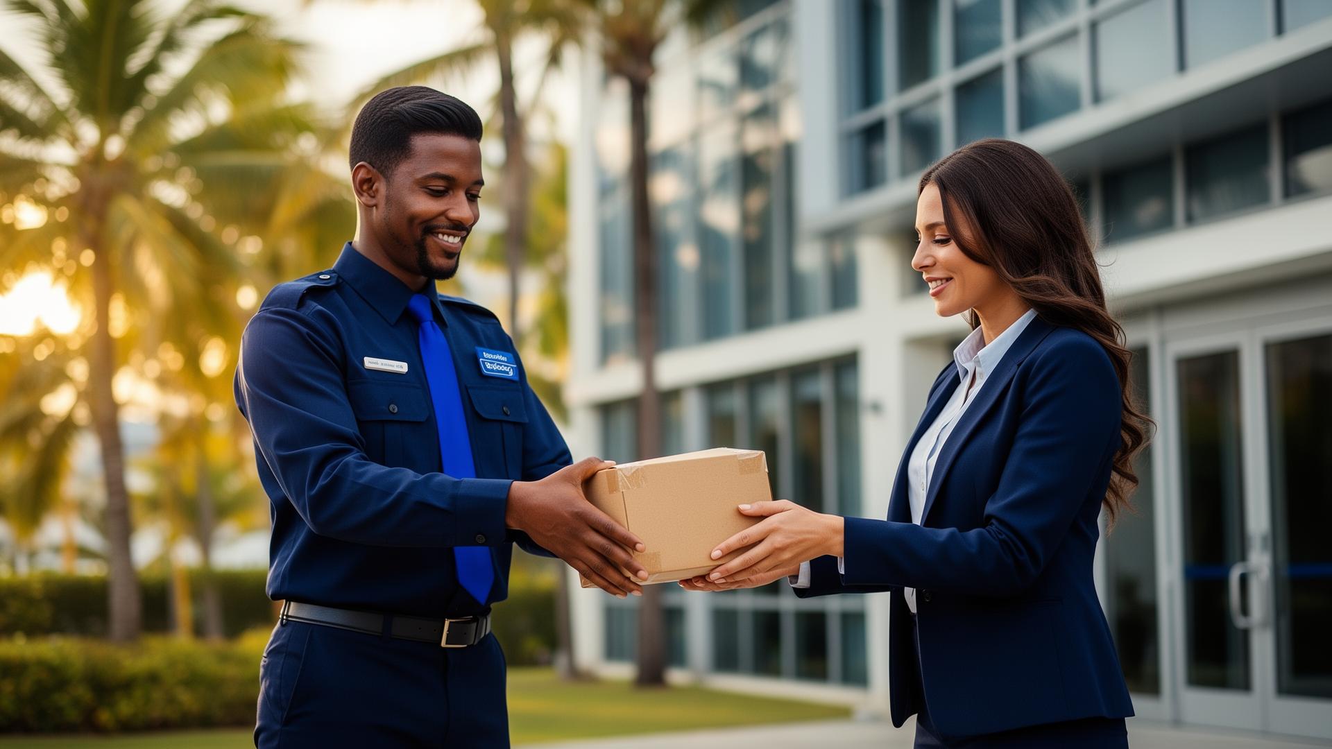 RiaDante courier handing a parcel to a corporate client in Barbados